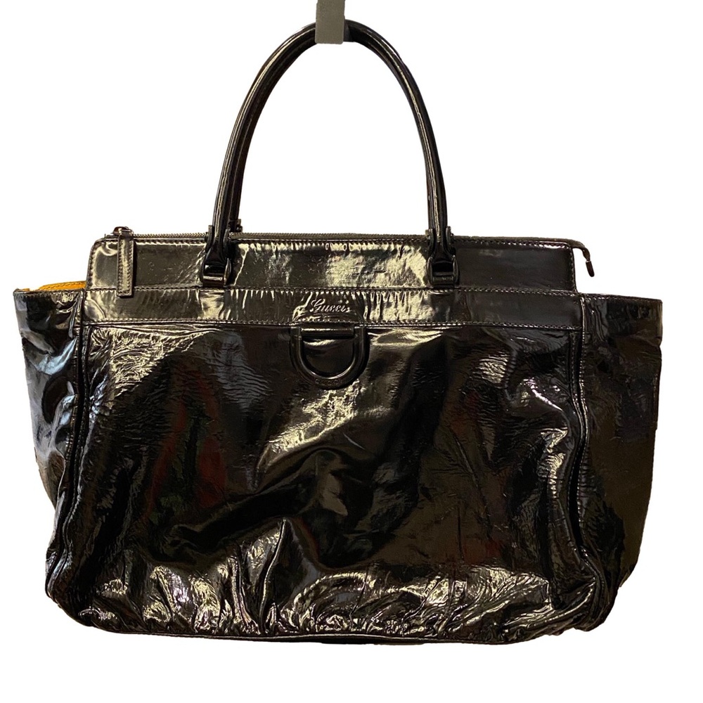 GUCCI Black Patent Leather Horsebit Tote Shoulder Bag - Recolored